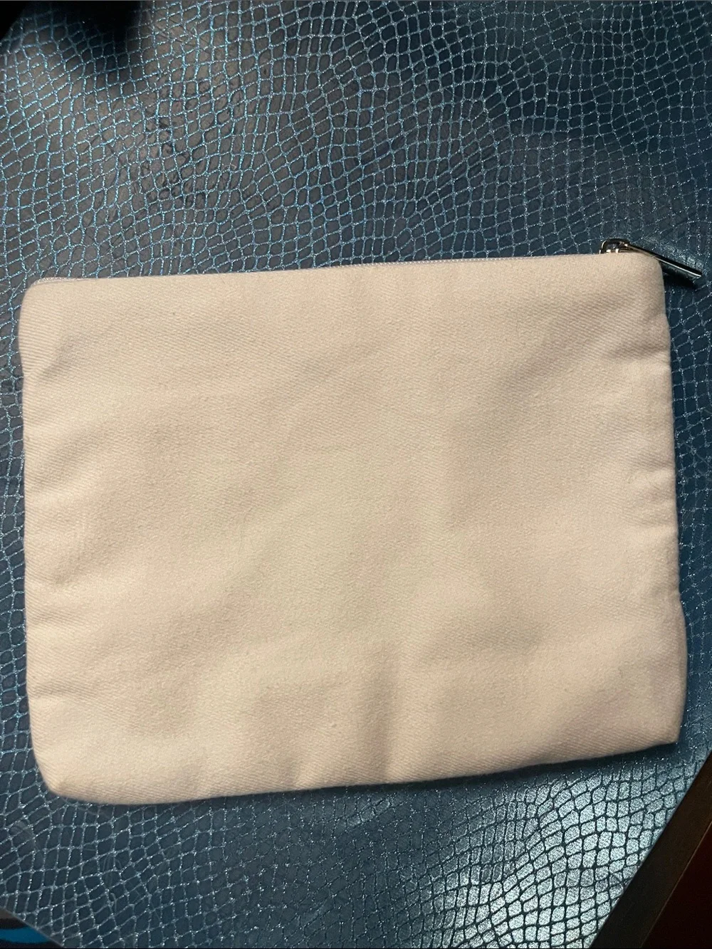 Something “Blue”- Beaded 'Mrs' Zip Pouch - Cream with Blue Script. Beaded pearl